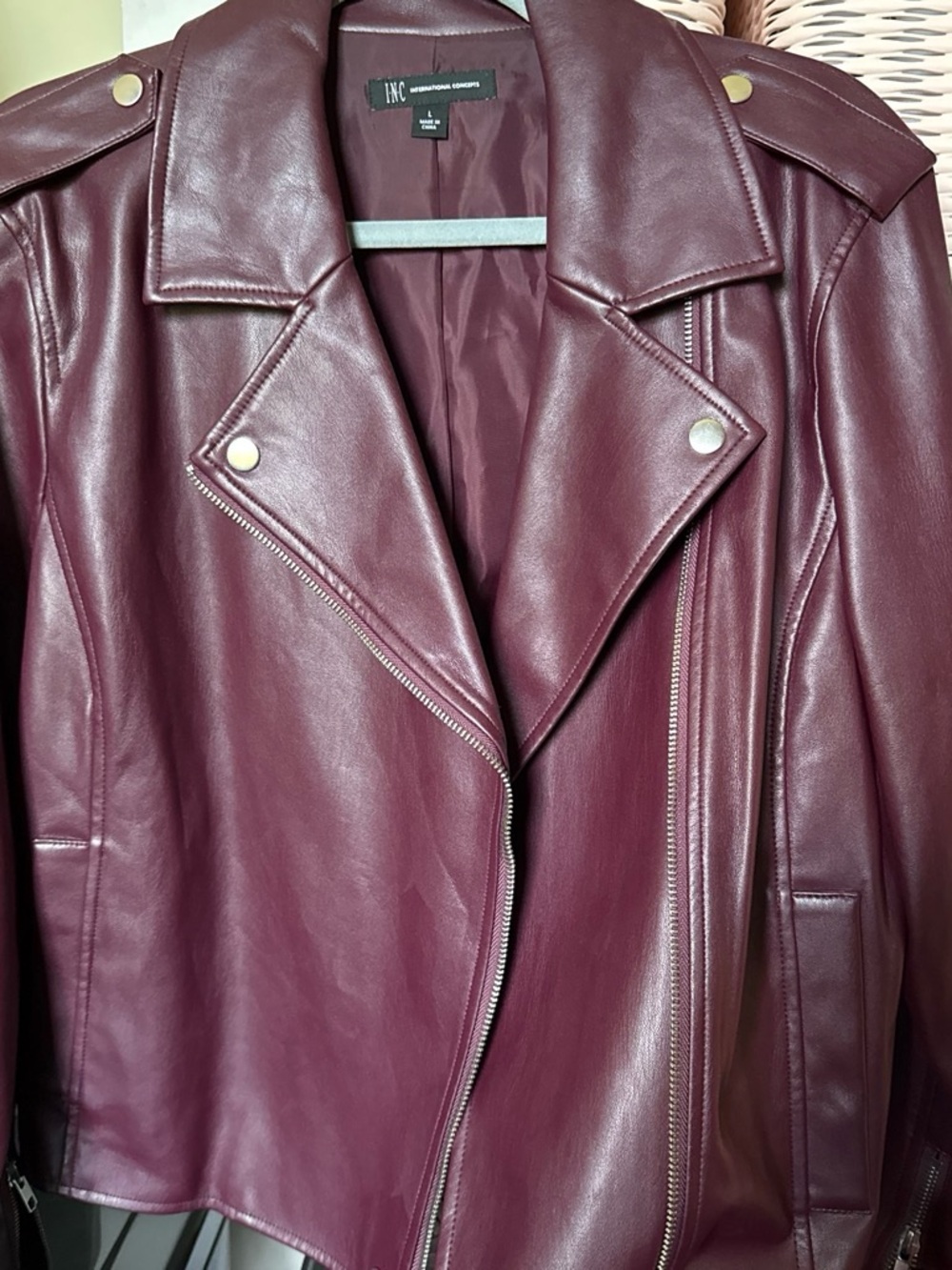 INC International Concepts Burgundy Faux Leather Moto Blazer